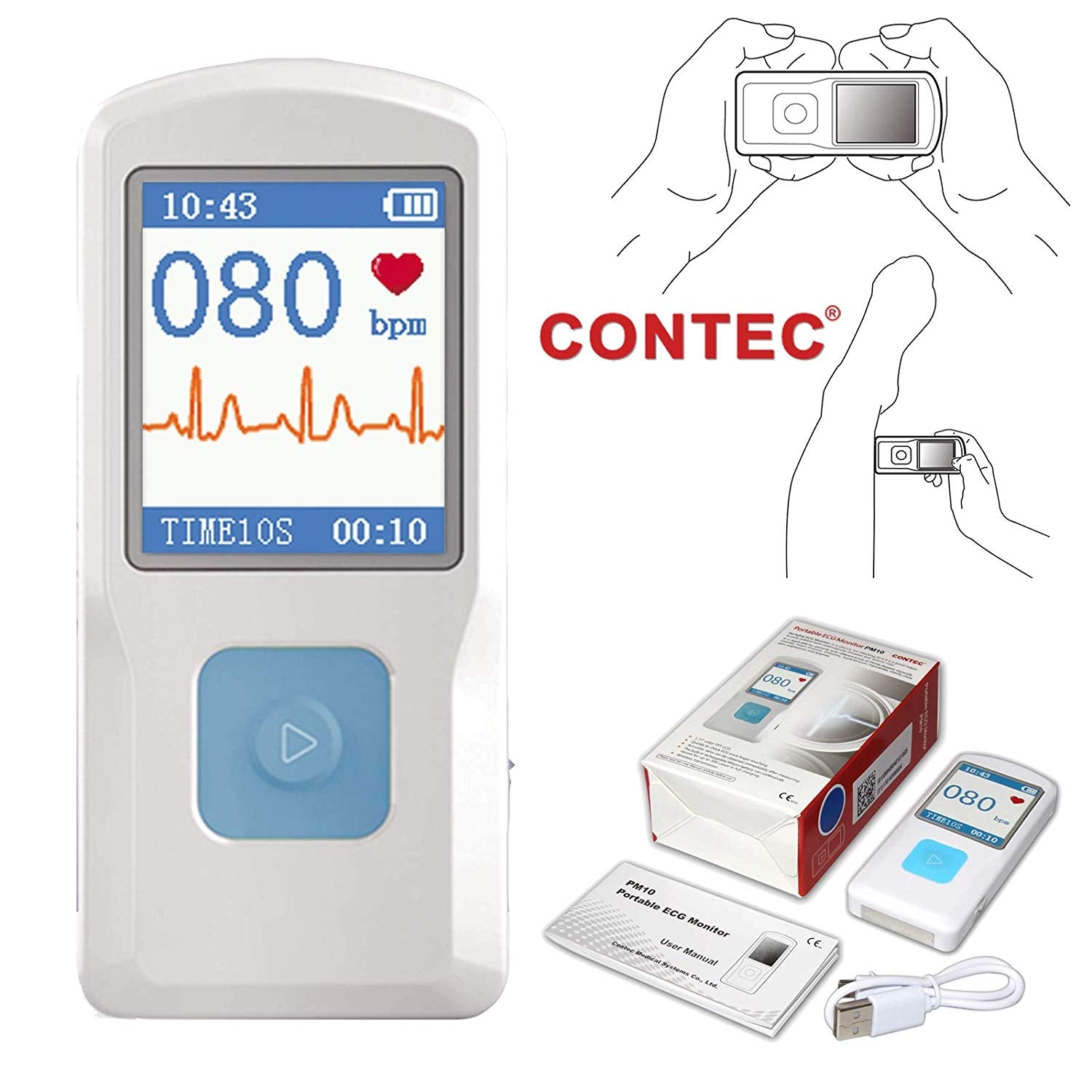 CONTEC PM10 Portable ECG Monitor, Bluetooth Transmission, Color TFT-LCD